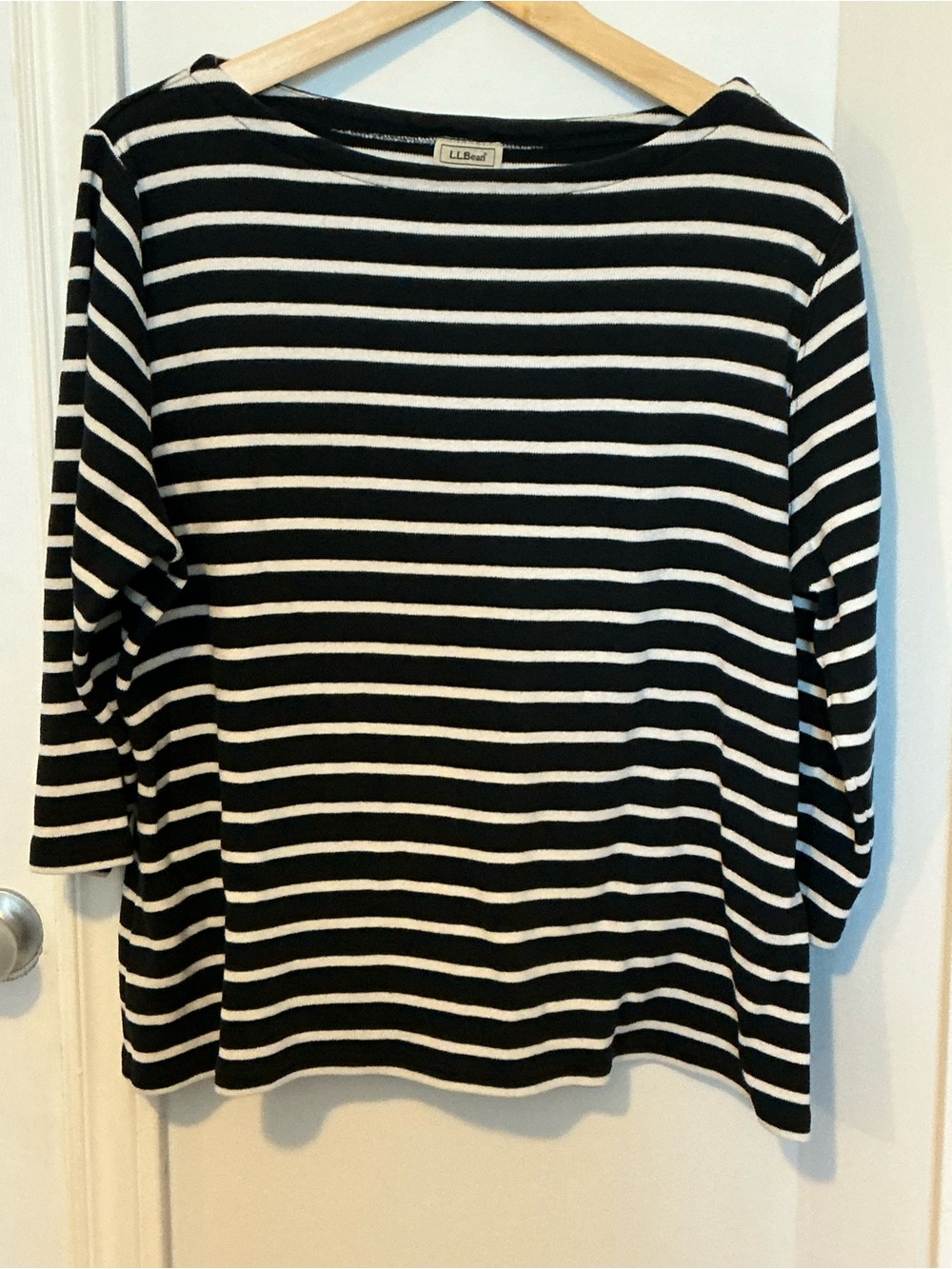 Authentic Plus Sized L.L. Bean Navy and White Striped Mariner Boatneck Top